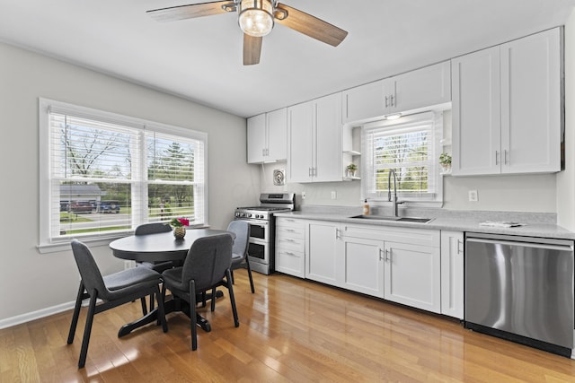 kitchen with a sink, appliances with stainless steel finishes, plenty of natural light, and light wood finished floors