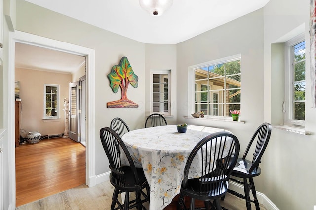 dining space with light hardwood / wood-style floors