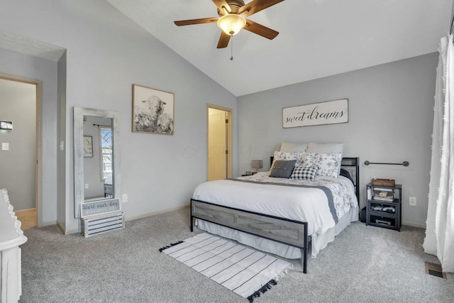 bedroom with light carpet, high vaulted ceiling, and ceiling fan