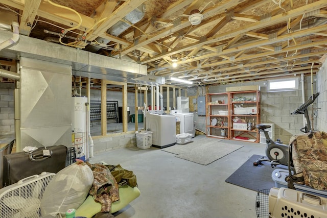 basement featuring water heater, electric panel, and washer and clothes dryer