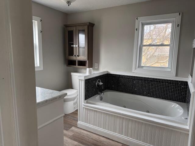 bathroom with hardwood / wood-style floors, vanity, a washtub, and toilet