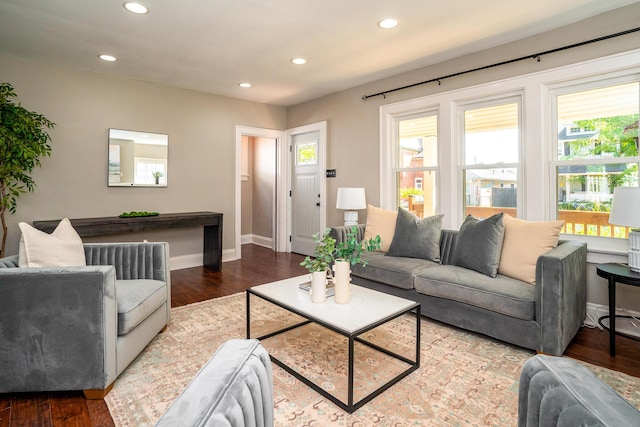 living room with dark hardwood / wood-style flooring and plenty of natural light