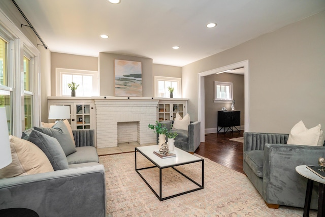 living room featuring wood-type flooring and a fireplace