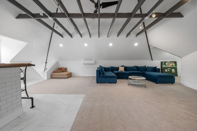 living room featuring light colored carpet and vaulted ceiling with beams