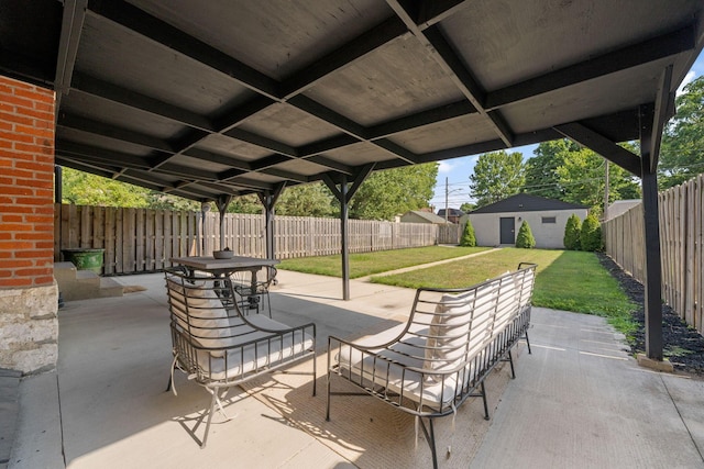 view of patio / terrace featuring an outdoor structure