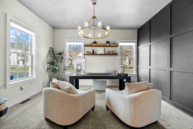 home office with a chandelier and a wealth of natural light