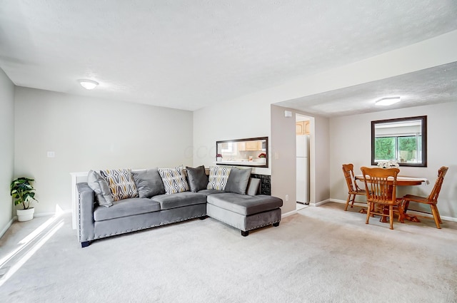 carpeted living room with a textured ceiling