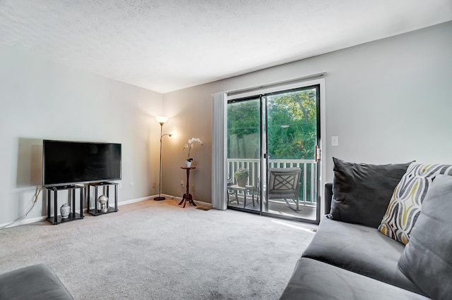 living room featuring carpet and a textured ceiling