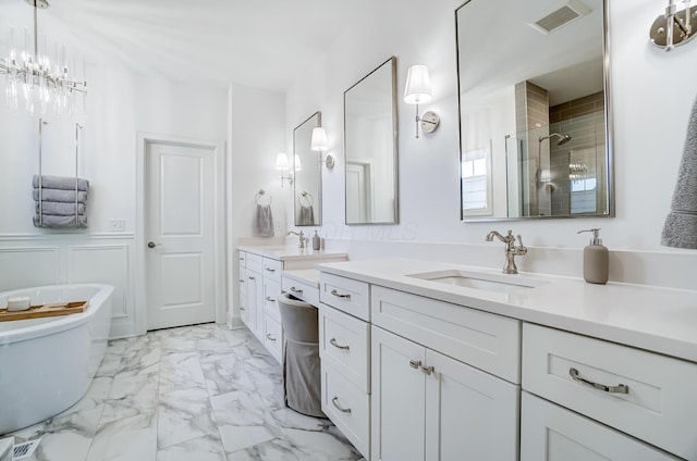 bathroom with independent shower and bath and vanity