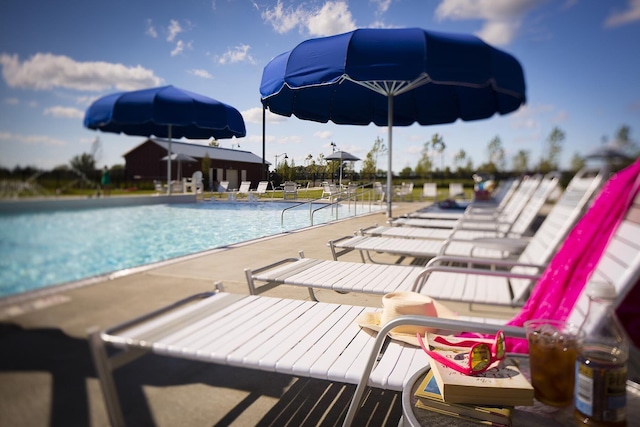 view of swimming pool with a patio area