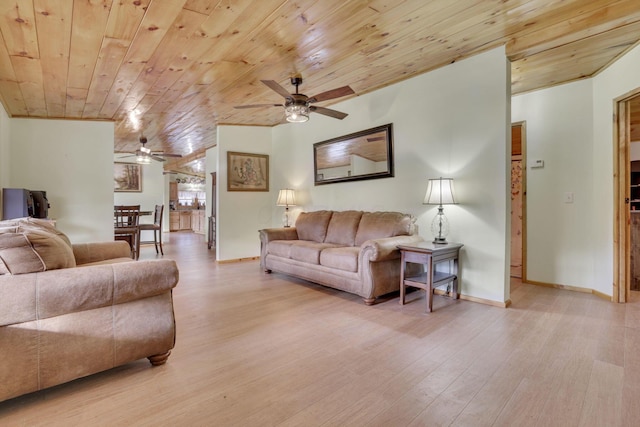 living room featuring ceiling fan, light hardwood / wood-style flooring, and wooden ceiling