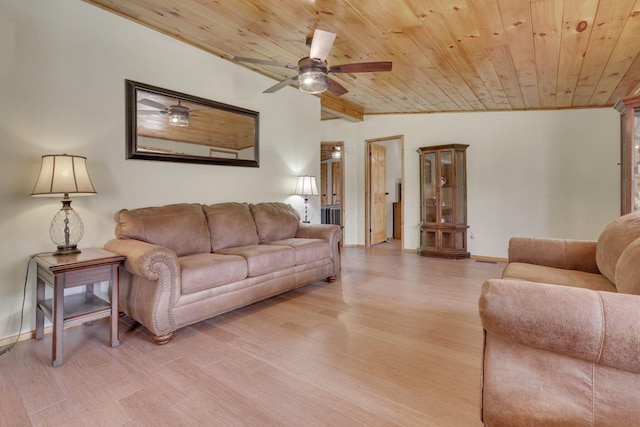 living room featuring ceiling fan, light hardwood / wood-style floors, and wooden ceiling