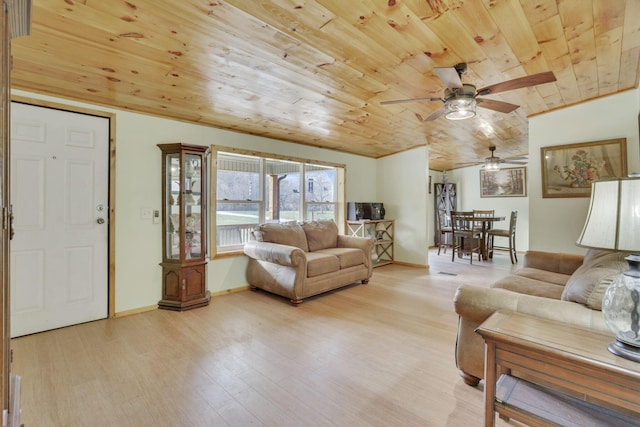 living room featuring wood ceiling, ornamental molding, and light hardwood / wood-style floors