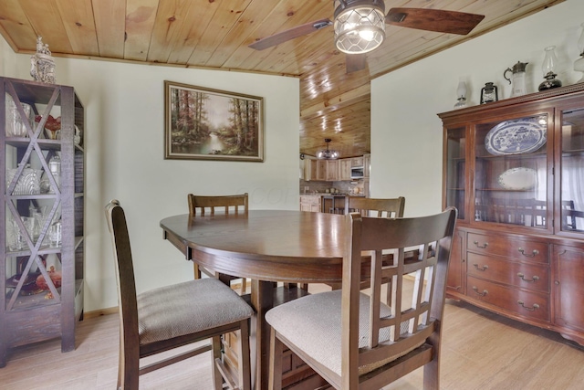 dining space with wood ceiling, ceiling fan, and light wood-type flooring