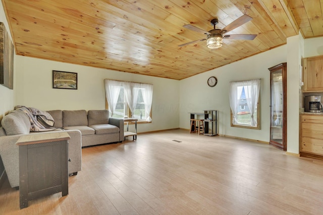 living room with wood ceiling, light hardwood / wood-style flooring, and a healthy amount of sunlight