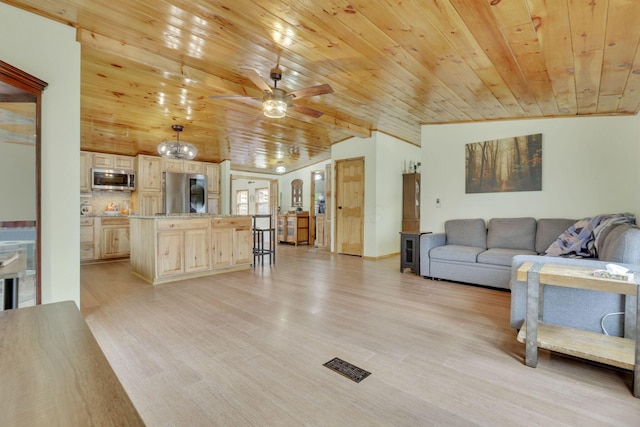 living room with lofted ceiling, wood ceiling, ceiling fan, and light wood-type flooring