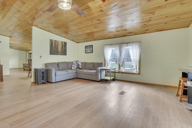 living room with wood ceiling, ceiling fan, vaulted ceiling, and light hardwood / wood-style flooring