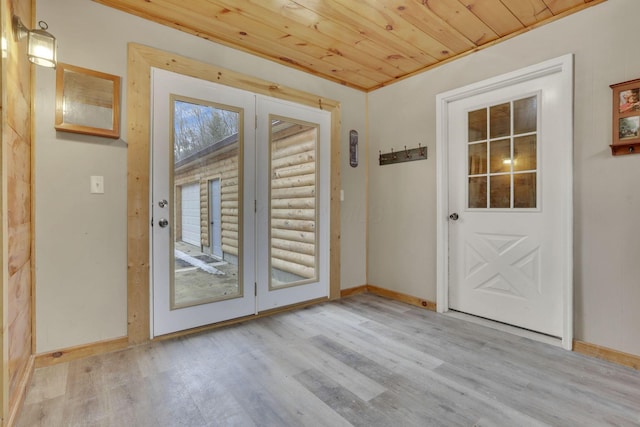 doorway to outside featuring wood ceiling and light hardwood / wood-style floors