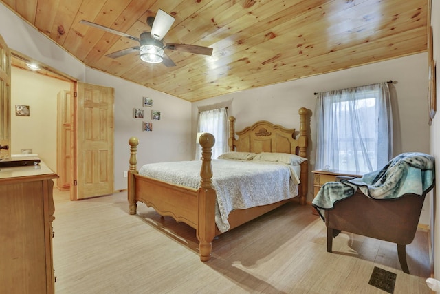 bedroom with wood ceiling, ceiling fan, lofted ceiling, and light hardwood / wood-style floors