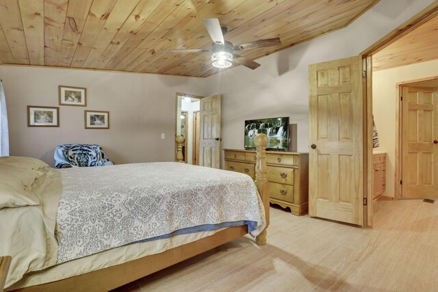 bedroom with wood ceiling, ceiling fan, and hardwood / wood-style flooring