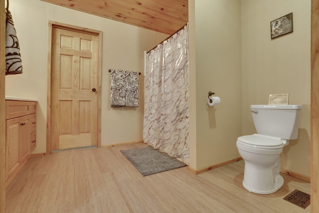 bathroom featuring hardwood / wood-style flooring, vanity, wooden ceiling, and toilet