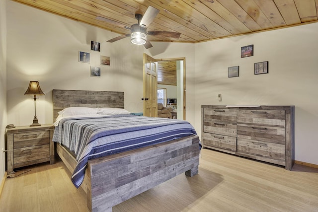 bedroom with wood ceiling, ceiling fan, and light hardwood / wood-style flooring