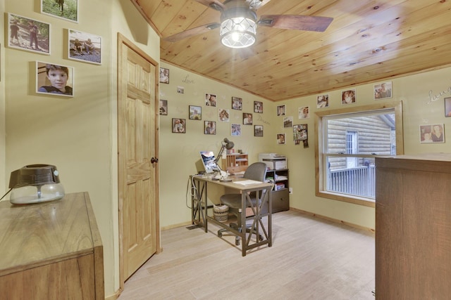 office with ceiling fan, wooden ceiling, and light wood-type flooring