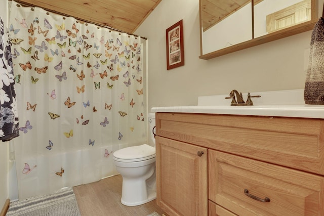 full bathroom featuring toilet, wood ceiling, wood-type flooring, vanity, and shower / bathtub combination with curtain