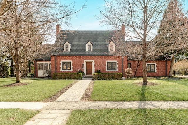 cape cod home featuring a front lawn, brick siding, and a chimney