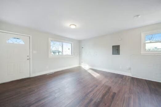 foyer featuring a wealth of natural light, electric panel, and dark hardwood / wood-style floors