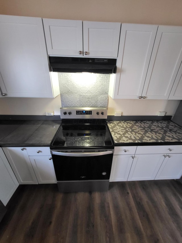 kitchen featuring white cabinetry, stainless steel range with electric stovetop, and dark hardwood / wood-style flooring