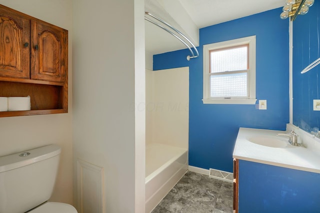 full bathroom with vanity, shower / bathtub combination, and toilet