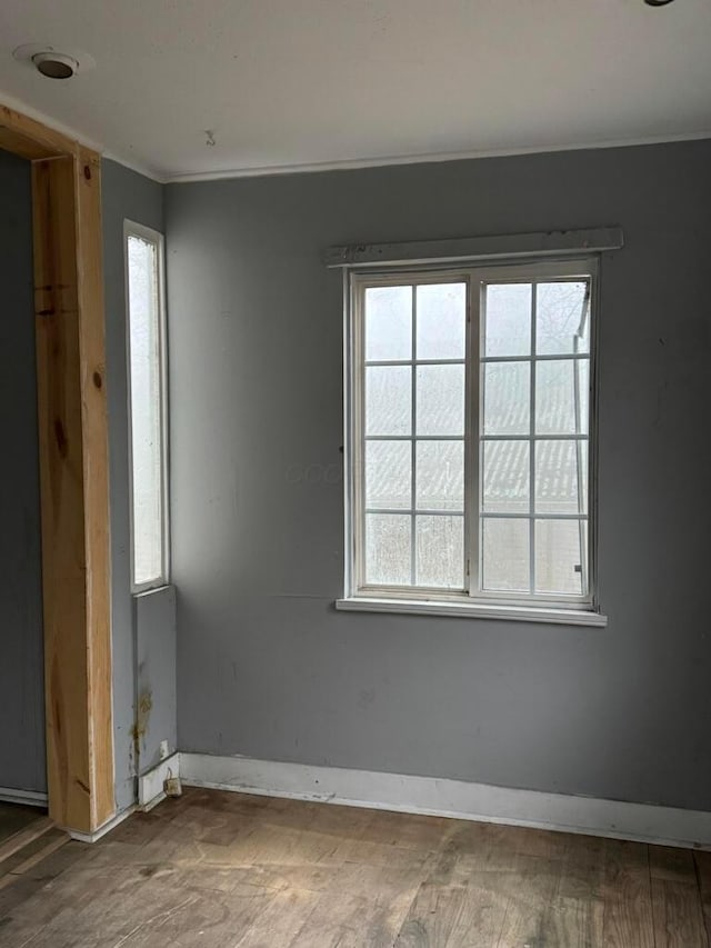 empty room with hardwood / wood-style floors, plenty of natural light, and ornamental molding