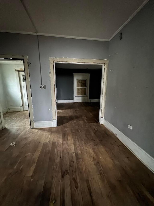 interior space with crown molding and dark wood-type flooring