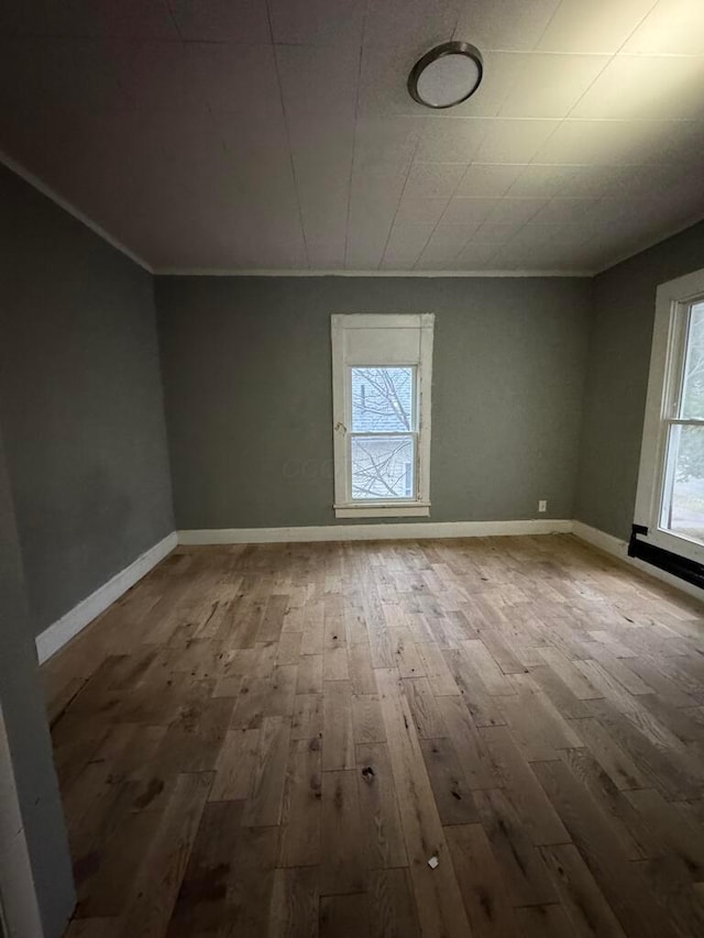 spare room with crown molding and wood-type flooring