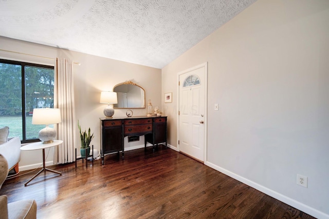 entryway featuring dark wood-type flooring, vaulted ceiling, and a textured ceiling