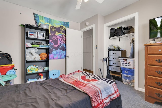 bedroom with carpet floors, a closet, and ceiling fan