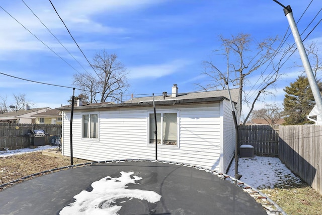 exterior space with a fenced backyard and a chimney