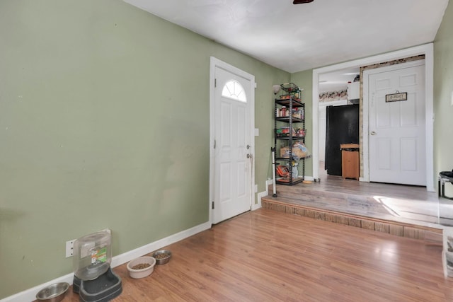 foyer entrance with baseboards and wood finished floors