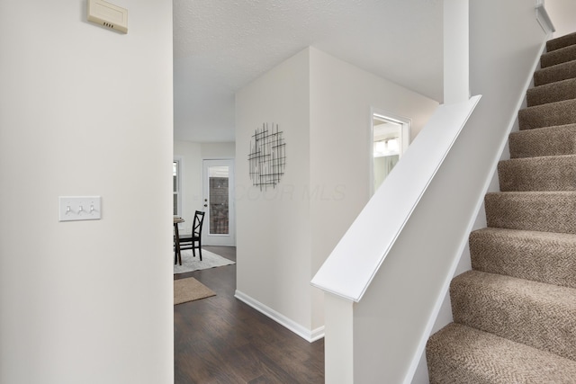 stairway featuring wood-type flooring and a textured ceiling