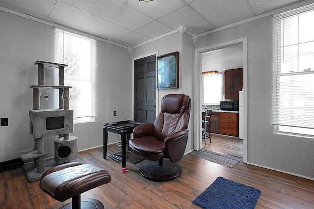 sitting room with a drop ceiling, hardwood / wood-style floors, and a healthy amount of sunlight