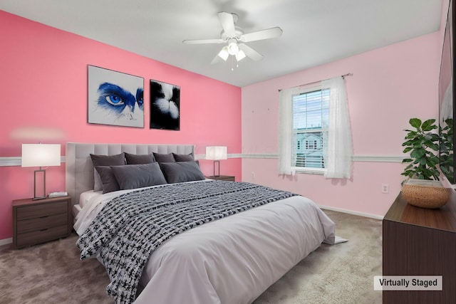 carpeted bedroom featuring ceiling fan