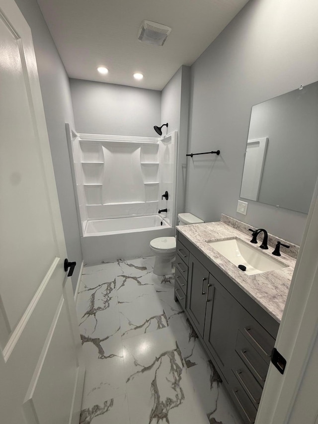 full bath featuring toilet, recessed lighting, visible vents, vanity, and bathing tub / shower combination