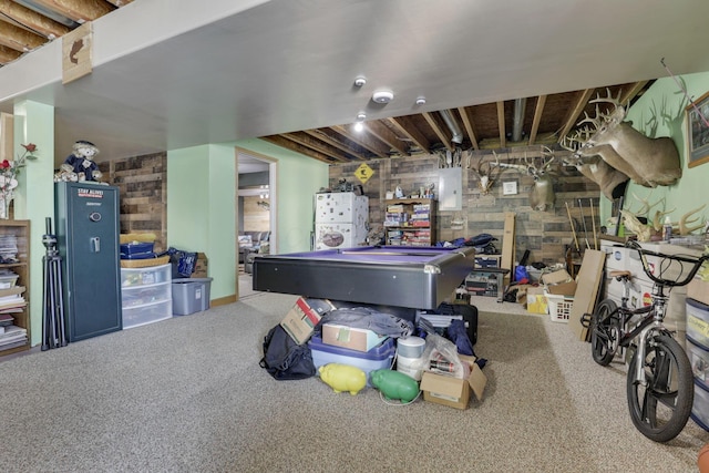 rec room with carpet, electric panel, and pool table