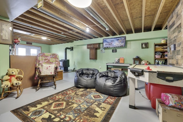 interior space featuring a wood stove