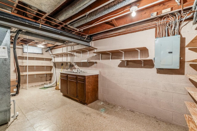 basement with sink and electric panel