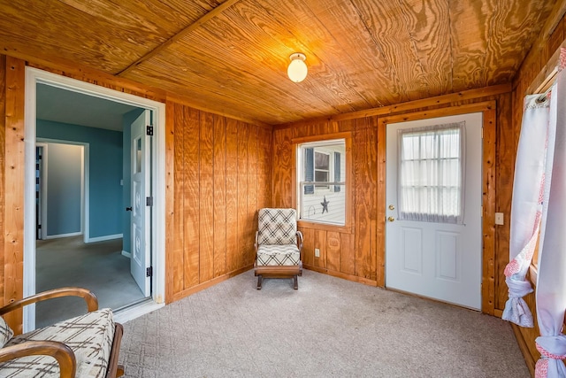 sitting room with wooden walls, carpet floors, and wooden ceiling