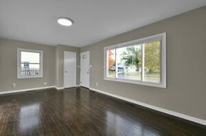 unfurnished room with a healthy amount of sunlight and dark wood-type flooring