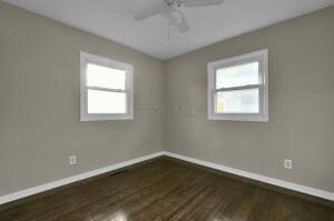 spare room with a wealth of natural light, dark hardwood / wood-style floors, and ceiling fan