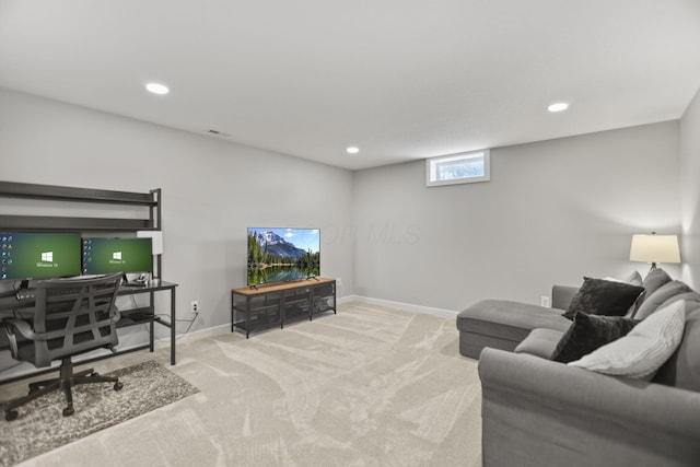 living room featuring light carpet